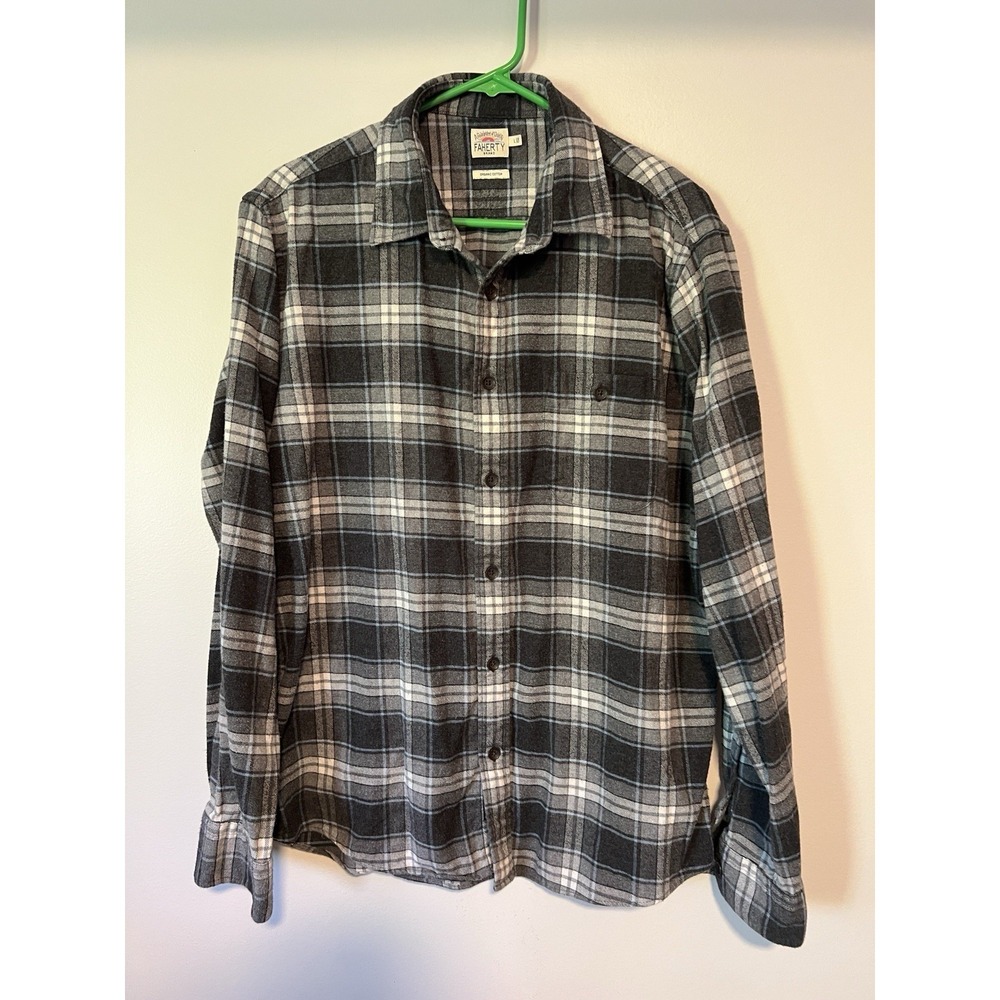 Faherty Shirt Mens L Gray White Plaid 100% Organic Cotton Seaview Flannel
